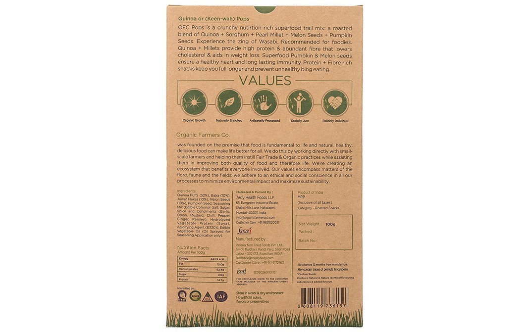 Organic Farmers Co. Pops Wasabi Quinoa + Sorghum, Pearl Millet Melon, Pumpkin Seeds   Box  100 grams